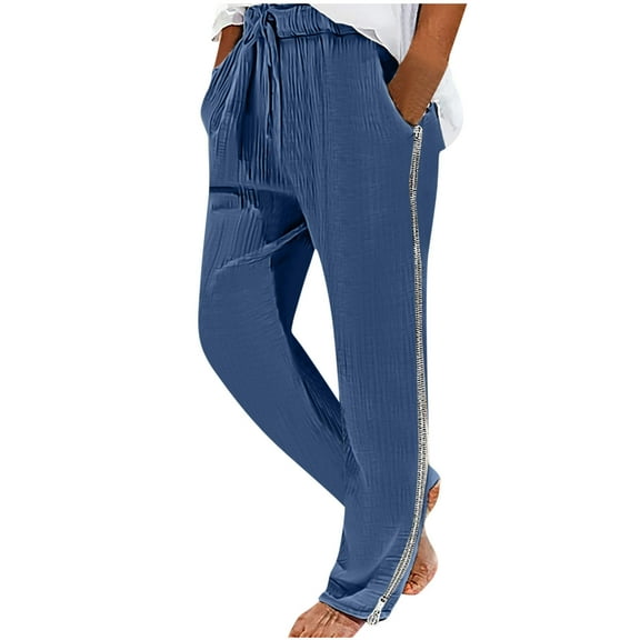 Luxalzxs Mens Solid Color Casual Elastic Waist Pocket Sport Pants Lightweight Linen Side Zipper Pants Sweatpants