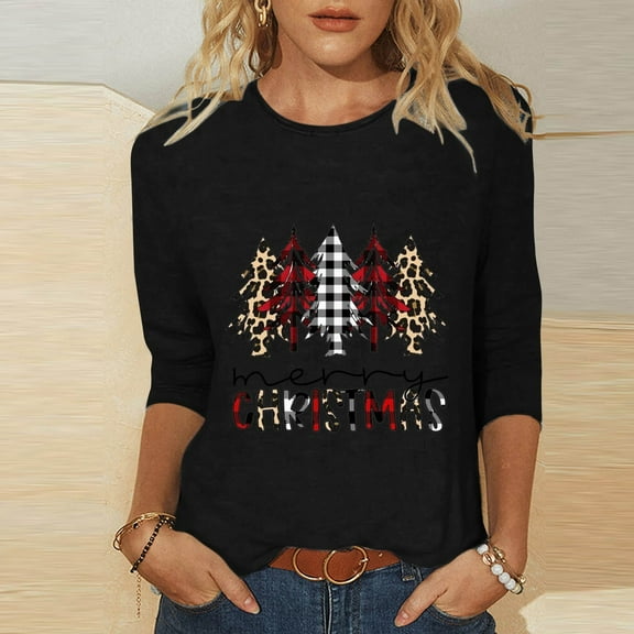 Luxalzxs Merry Christmas Shirt 3/4 Length Sleeve Womens Blouse Holiday Xmas Tree Graphic Printed T Shirts Tops