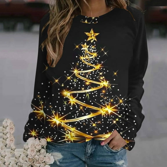 Luxalzxs Merry Christmas Shirt for Women Crewneck Funny Christmas Tree Graphic Sweatshirt Xmas Holiday Long Sleeve Pullover Tops