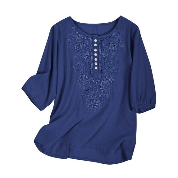Luxalzxs Mexican Blouses for Women Embroidered Traditional Boho Tops Summer Trendy Cotton Linen Short Sleeve Round Neck Shirts