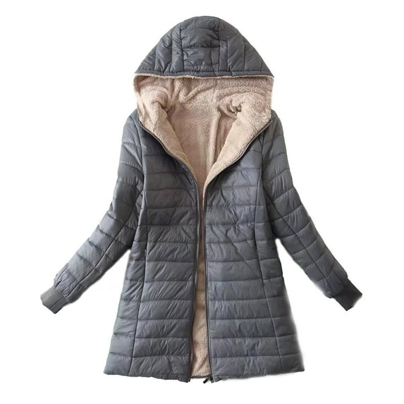 Luxalzxs Mid-Length Coats for Women Plus Fleece Cotton Jacket Winter Thicken Warm Hooded Lamb Fleece Coats Quilted Jackets