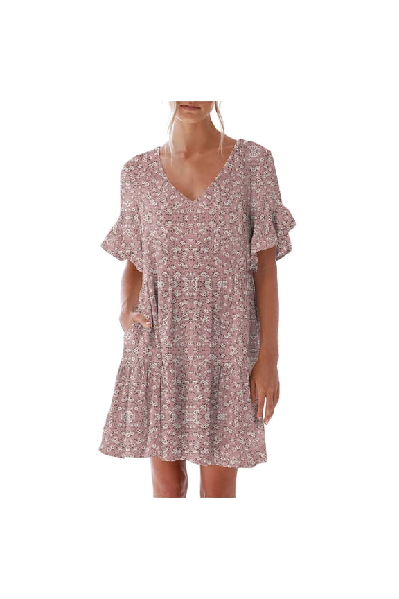 Luxalzxs Mini Dresses for Women Summer Casual Sweet & Cute Solid Color V-Neck Ruffle Short Sleeve Dress with Pocket