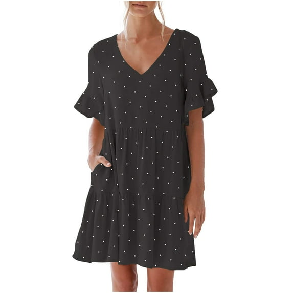 Luxalzxs Mini Dresses for Women Summer Casual Sweet & Cute Solid Color V-Neck Ruffle Short Sleeve Dress with Pocket