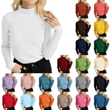 Luxalzxs Necks Tops for Women Long Sleeve Ribbed Knit Sweater Slim Fit Solid Color Basic Layer Shirts Tops