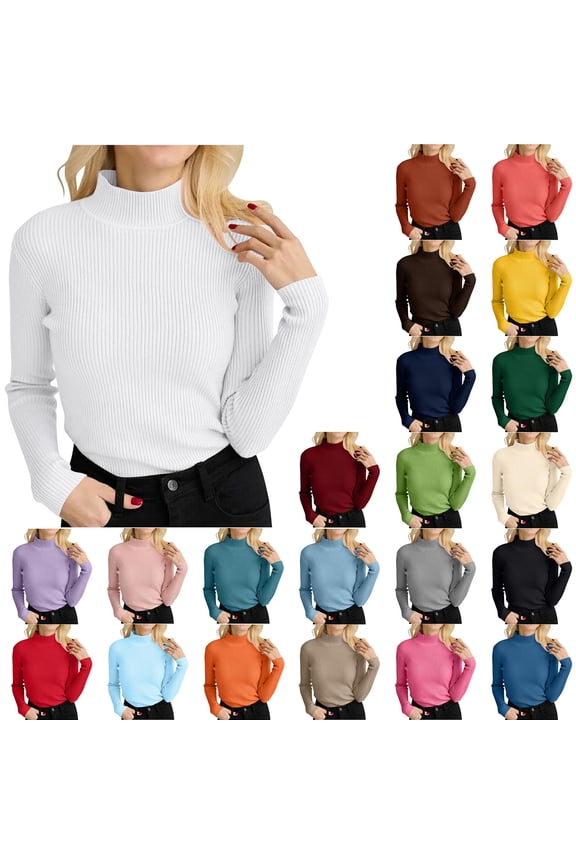 Luxalzxs Necks Tops for Women Long Sleeve Ribbed Knit Sweater Slim Fit Solid Color Basic Layer Shirts Tops