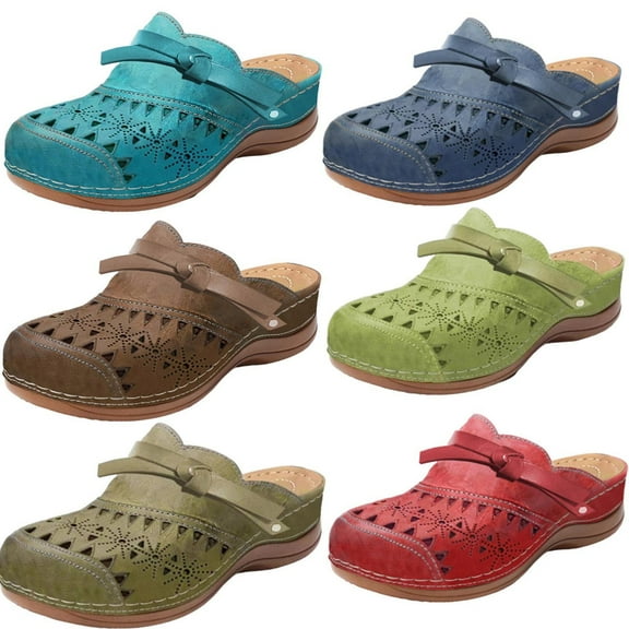 Luxalzxs Mules for Women Clogs with Arch Support Slip On Shoes Vintage Hollow Out Closed Toe Snadals Casual Summer Wedge Sandals Outdoor Beach Slippers
