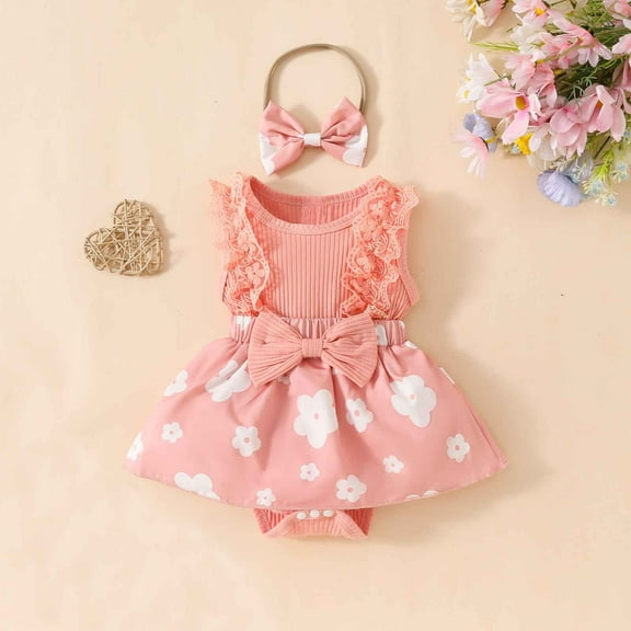 Luxalzxs Newborn Infant Toddler Baby Girl Outfits Ruffle One Piece Romper Holiday Floral Print Dress with Bow Headband 0-3M Clothes Set