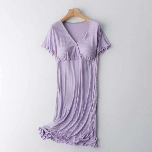 Luxalzxs Nursing Nightgowns for Women Breastfeeding Sleepwear Comfy Short Sleeve V Neck Postpartum Maternity Pajamas Dress with Built in Bra