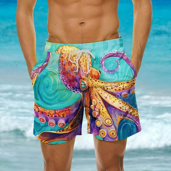 Luxalzxs Ocean Pattern Mens Swim Trunks Quick Dry Bathing Suit Board Shorts 5 Inch Inseam Hawaiian Beach Shorts Jellyfish Starfish Turtles Dolphin