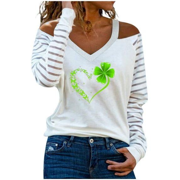 Luxalzxs Off Shoulder Tops for Women Fashion V-Neck Long Sleeve T-Shirt Happy St. Patrick's Day Print Cold Shoulder Loose Blouse Tops
