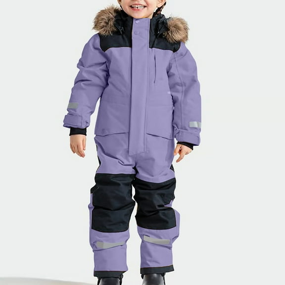 Luxalzxs One Piece Snowsuit for Boys Girls Kids Ski Suits Jumpsuits Winter Outdoor Waterproof Thick Warm Snowboarding Faux Fur Hooded Jacket Overalls with Pockets