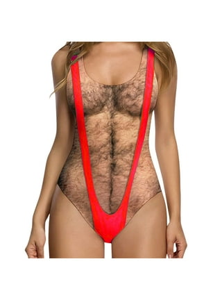 Womens One Piece Swimsuit Funny Chest hair Print Swimwear Bathing