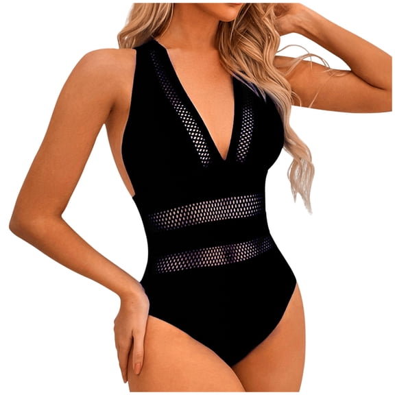 Luxalzxs One Piece Swimsuit for Women Solid Color Hollow Out V-Neck Swimsuit Tummy Control Bathing Suit Swimwear