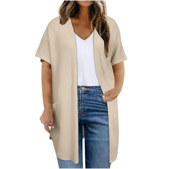 Luxalzxs Oversized Cardigan for Women Casual Solid Color Soft Waffle Knit Long Kimono Open Front Cardigan Jackets Short Sleeve Summer Breathable Beach Cover Up with Pockets