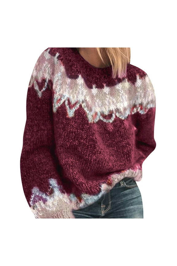 Luxalzxs Oversized Sweater for Women fall Fashion Long Sleeve Round Neck Vintage Ethnic Style Patchwork Knitted Pullover Warm Sweater
