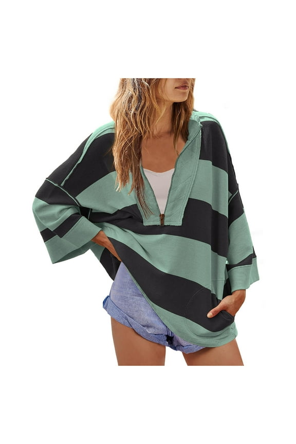 Luxalzxs Oversized Sweatshirt for Women Striped Shirt Half Zip Pullover Color Block V Neck Top Casual Long Sleeve Pullover