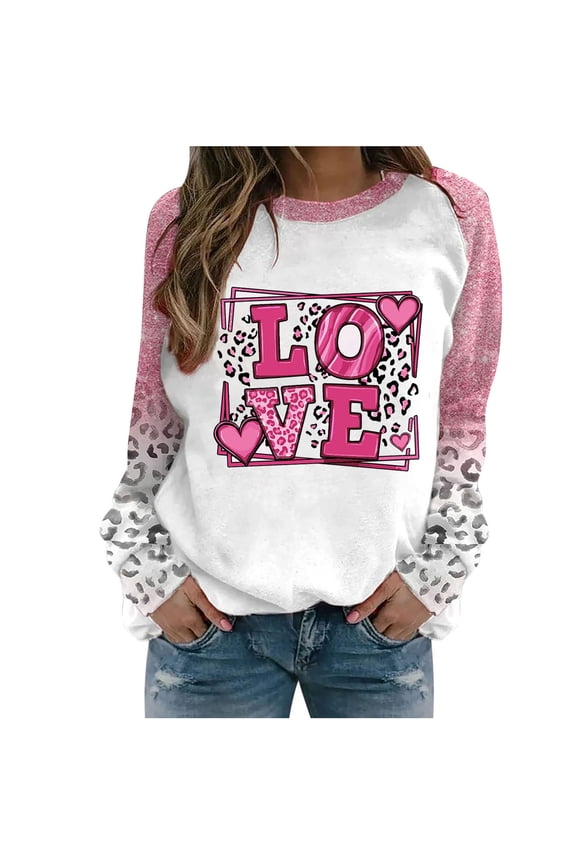 Luxalzxs Oversized Sweatshirt for Women Valentine's Day Love Heart Leopard Printed Long Sleeves Round Neck Casual Tunic Tops Blouse Sweatshirt
