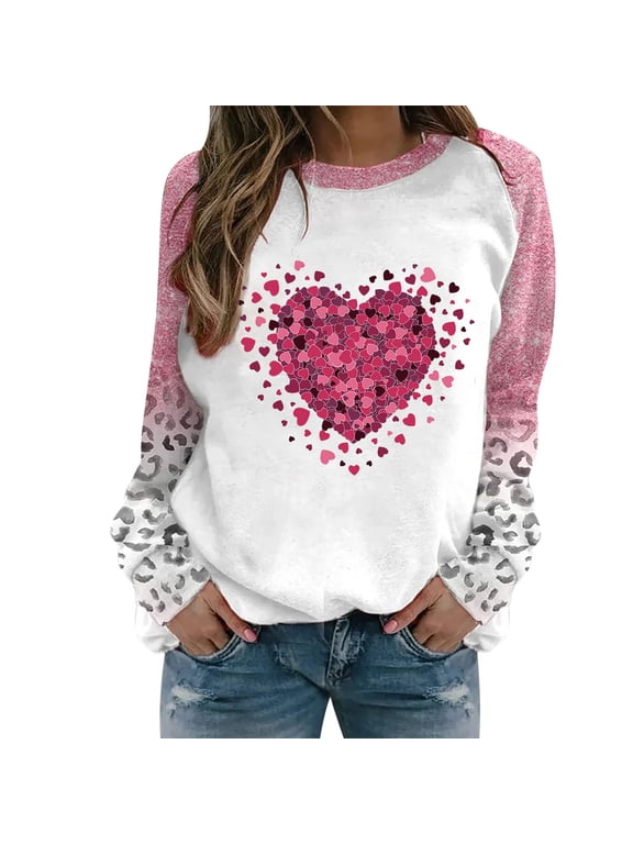 Luxalzxs Oversized Sweatshirt for Women Valentine's Day Love Heart Leopard Printed Long Sleeves Round Neck Casual Tunic Tops Blouse Sweatshirt