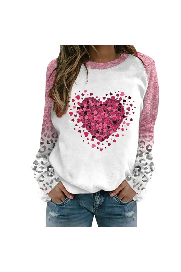 Luxalzxs Oversized Sweatshirt for Women Valentine's Day Love Heart Leopard Printed Long Sleeves Round Neck Casual Tunic Tops Blouse Sweatshirt