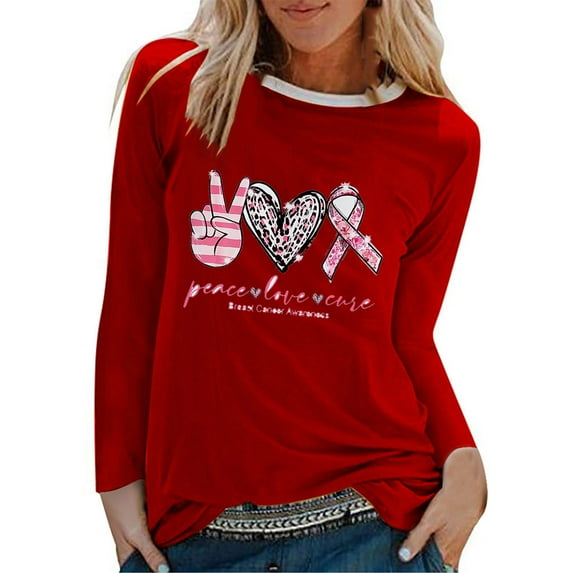 Luxalzxs Peace Love Cure Breast Cancer Awareness Shirts for Women Pink Ribbon Inspirational Long Sleeve Round Neck Pullover Blouse