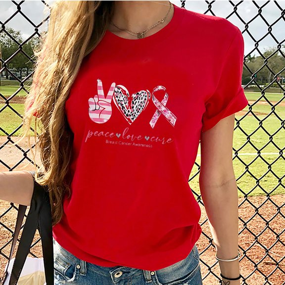 Luxalzxs Peace Love Cure Pink Ribbon Breast Cancer Awareness T-Shirt for Women Short Sleeve Crew Neck Leopard Cancer Fighter Tees Tops