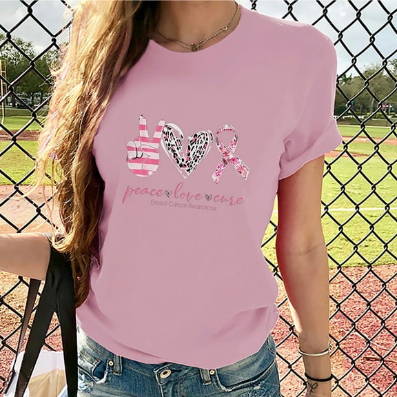 Luxalzxs Peace Love Cure Pink Ribbon Breast Cancer Awareness T-Shirt for Women Short Sleeve Crew Neck Leopard Cancer Fighter Tees Tops