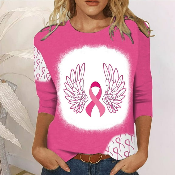 Luxalzxs Pink Breast Cancer Shirts for Women Fashion Ribbon Printed Cancer Fight Tee Tops Plus Size 3/4 Sleeve Round Neck Casual Tops Blouse