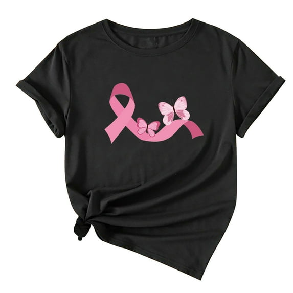 Luxalzxs Pink Ribbon Shirts for Women Breast Cancer Awareness T Shirts Ribbon Butterfly Graphic Print Tee Inspirational Breast Cancer Tops