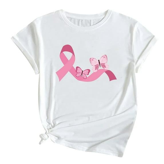 Luxalzxs Pink Ribbon Shirts for Women Breast Cancer Awareness T Shirts Ribbon Butterfly Graphic Print Tee Inspirational Breast Cancer Tops
