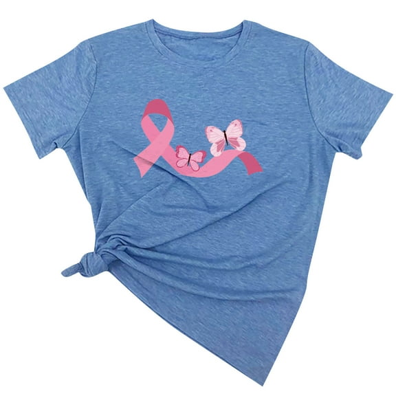 Luxalzxs Pink Ribbon Shirts for Women Breast Cancer Awareness T Shirts Ribbon Butterfly Graphic Print Tee Inspirational Breast Cancer Tops