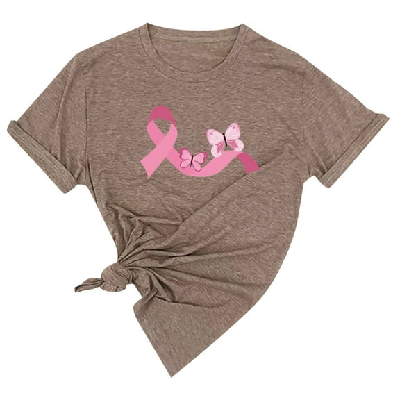 Luxalzxs Pink Ribbon Shirts for Women Breast Cancer Awareness T Shirts Ribbon Butterfly Graphic Print Tee Inspirational Breast Cancer Tops