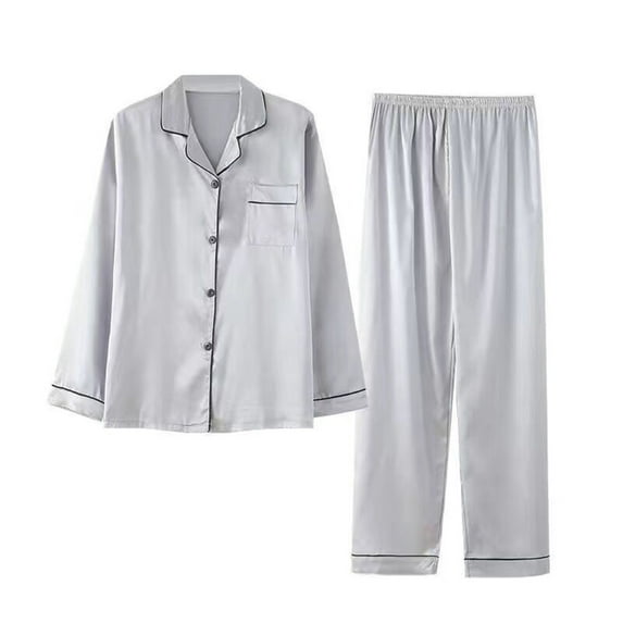 Luxalzxs Plus Size Pajamas for Women Set Casual Solid Color Long Sleeve Silk Satin Pajama Set Sleepwear