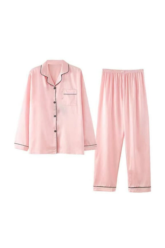 Luxalzxs Plus Size Pajamas for Women Set Casual Solid Color Long Sleeve Silk Satin Pajama Set Sleepwear