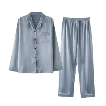 Luxalzxs Plus Size Pajamas for Women Set Casual Solid Color Long Sleeve Silk Satin Pajama Set Sleepwear