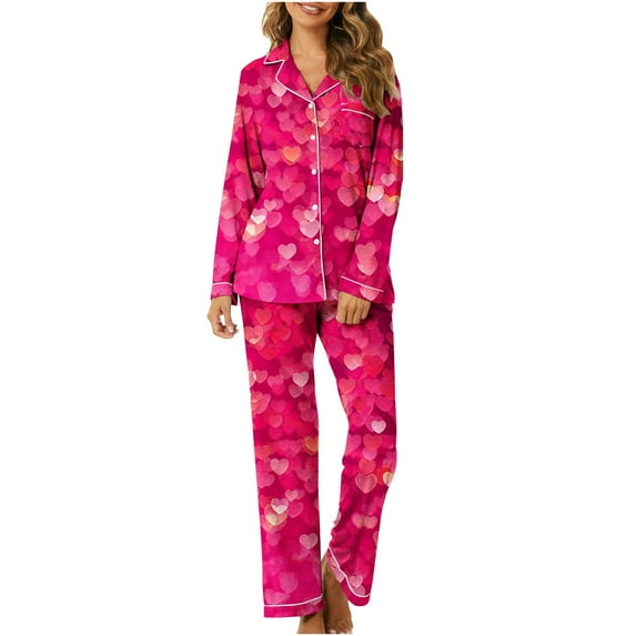 Luxalzxs Plus Size Pajamas for Women Set Long Sleeve Love Heart Print Sleepwear Couples Matching Pajamas Valentines Day Gifts for Him Her
