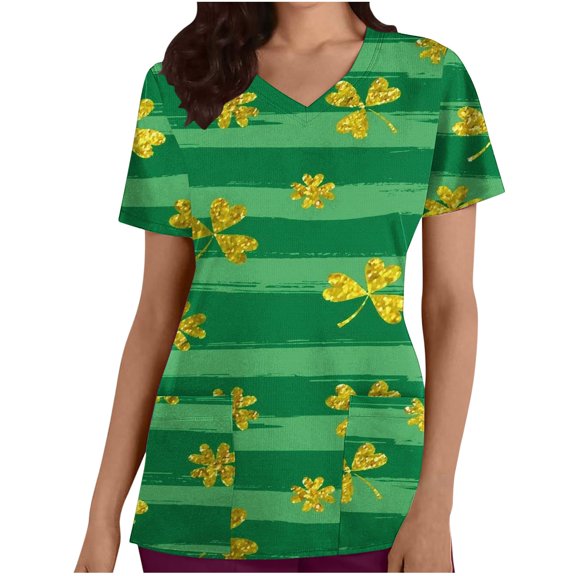 Luxalzxs Plus Size Scrubs for Women St Patricks Day Irish Clover Shamrock Print Medical Scrub Tops with Pocket Summer Short Sleeve V-Neck Holiday Nursing Uniform Workwear