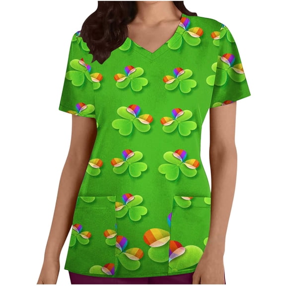 Luxalzxs Plus Size Scrubs for Women St Patricks Day Irish Clover Shamrock Print Medical Scrub Tops with Pocket Summer Short Sleeve V-Neck Holiday Nursing Uniform Workwear