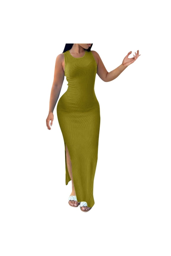 Luxalzxs Plus Size Summer Dresses Women Slim Fit Round Neck Sleeveless Solid Color Ribbed Tank Dress Basic Side Slit Bodycon Dresses