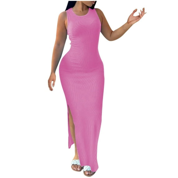 Luxalzxs Plus Size Summer Dresses Women Slim Fit Round Neck Sleeveless Solid Color Ribbed Tank Dress Basic Side Slit Bodycon Dresses