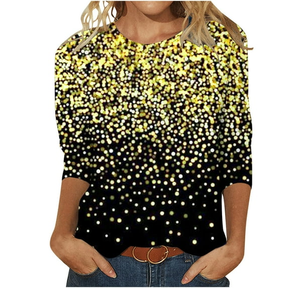Luxalzxs Plus Size Tops for Women Casual 3/4 Length Sleeve Pullover Top Sequin Sparkly Glitter Tee Loose Fit Crew Neck Blouse Tunic Tops