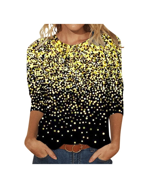 Luxalzxs Plus Size Tops for Women Casual 3/4 Length Sleeve Pullover Top Sequin Sparkly Glitter Tee Loose Fit Crew Neck Blouse Tunic Tops