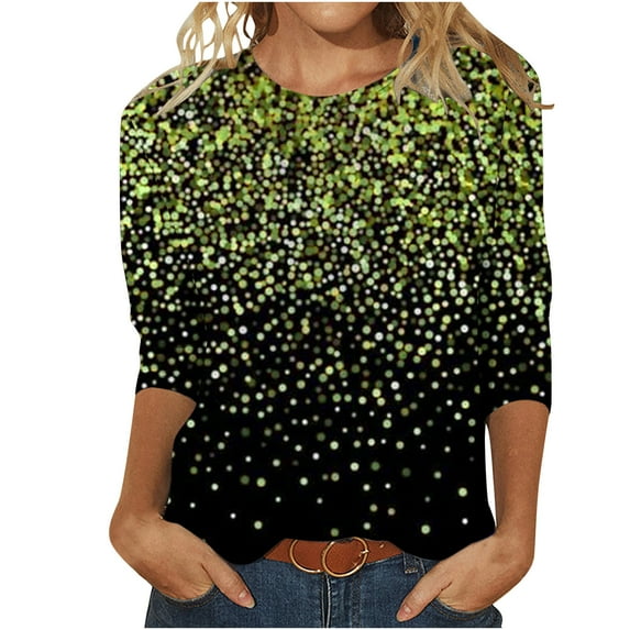 Luxalzxs Plus Size Tops for Women Casual 3/4 Length Sleeve Pullover Top Sequin Sparkly Glitter Tee Loose Fit Crew Neck Blouse Tunic Tops