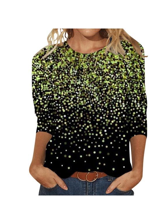 Luxalzxs Plus Size Tops for Women Casual 3/4 Length Sleeve Pullover Top Sequin Sparkly Glitter Tee Loose Fit Crew Neck Blouse Tunic Tops