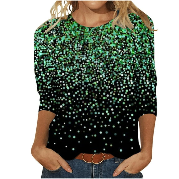 Luxalzxs Plus Size Tops for Women Casual 3/4 Length Sleeve Pullover Top Sequin Sparkly Glitter Tee Loose Fit Crew Neck Blouse Tunic Tops