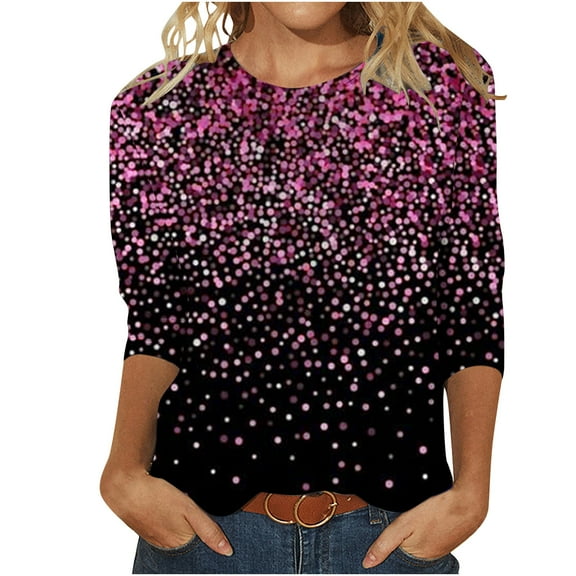 Luxalzxs Plus Size Tops for Women Casual 3/4 Length Sleeve Pullover Top Sequin Sparkly Glitter Tee Loose Fit Crew Neck Blouse Tunic Tops
