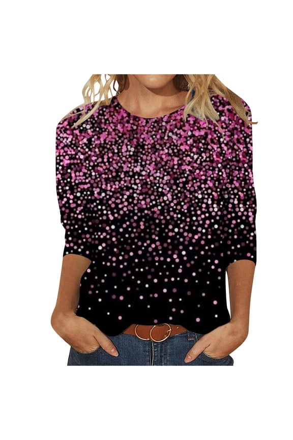 Luxalzxs Plus Size Tops for Women Casual 3/4 Length Sleeve Pullover Top Sequin Sparkly Glitter Tee Loose Fit Crew Neck Blouse Tunic Tops