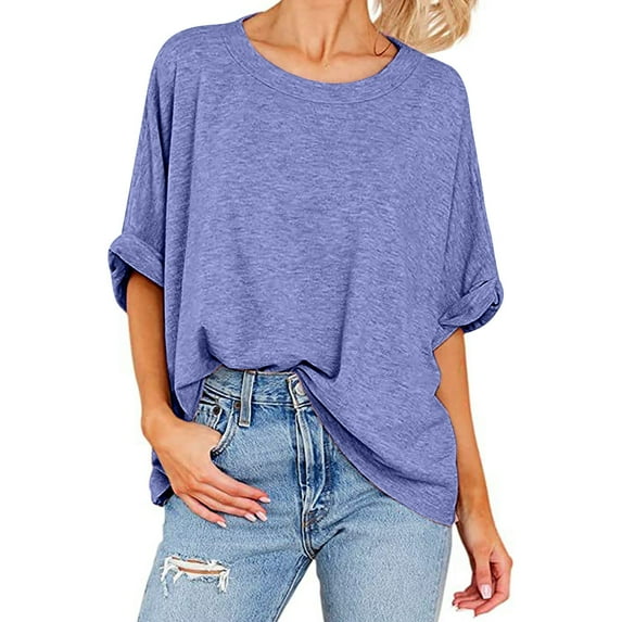 Luxalzxs Plus Size Tops for Women Summer Casual Loose Short Sleeve Round Neck Solid Color Workout T-Shirt Tops