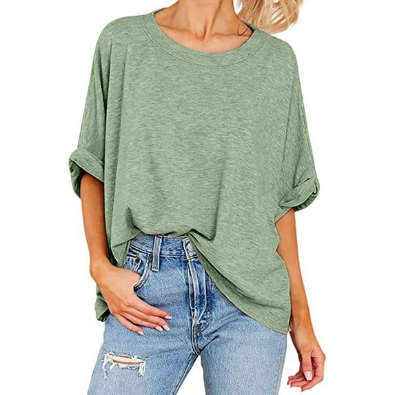 Luxalzxs Plus Size Tops for Women Summer Casual Loose Short Sleeve Round Neck Solid Color Workout T-Shirt Tops