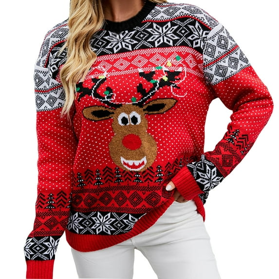 Luxalzxs Red Sweater for Woman Christmas Reindeer Thickened Sweater Casual Long Sleeve Round Neck Pullover Sweater Tops Funny Christmas Sweater