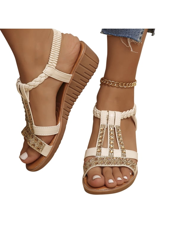 Rhinestone Sandals for Women Flat Trendy Sparkling Boho Ladies' Flat Sandals Summer Comfortable Casual Bohemian Ankle Elastic Beach Rhinestone Platform Shoes